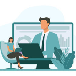 Illustration Mann und Frau sitzen vorm Laptop