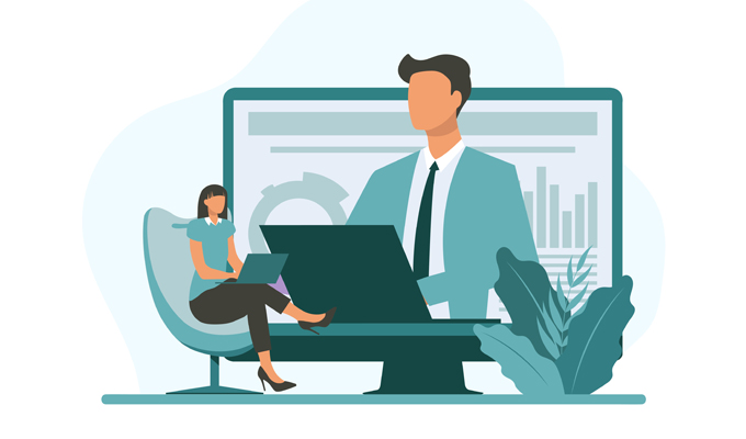 Illustration Mann und Frau sitzen vorm Laptop