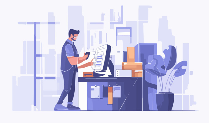 Mann erledigt Warenwirtschaft am Computer