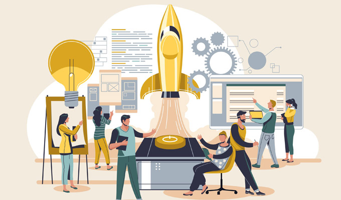 Business Leute besprechen und planen neues Projekt. In der Mitte des Bildes startet eine gelbe Rakete, als Zeichen des Starts des neuen Projekts.